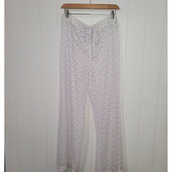 Womens Swim Cover Up Pants XL White Palazzo Beach Wide Leg Crochet Pull On New - Picture 1 of 8